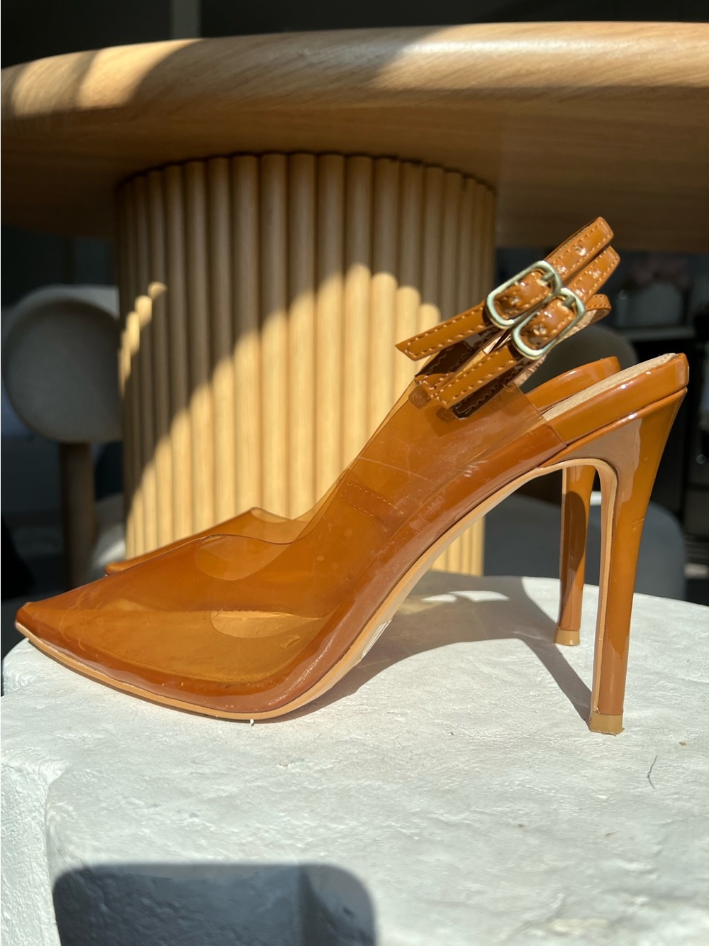 SHEIN Glossy Amber Patent Slingback Pointed-Toe Pumps